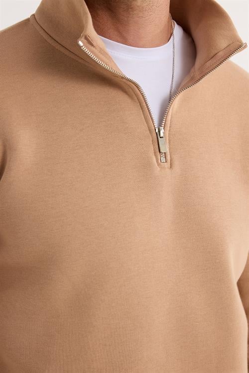Unisex Relax Fit Rahat Kesim Pamuklu İçi Polarlı Yarım Fermuarlı Taş Renk Dik Yaka Sweatshirt
