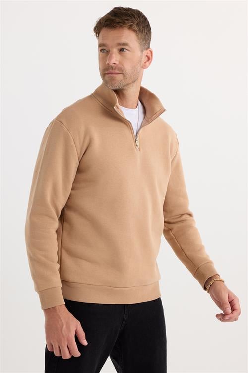 Unisex Relax Fit Rahat Kesim Pamuklu İçi Polarlı Yarım Fermuarlı Taş Renk Dik Yaka Sweatshirt