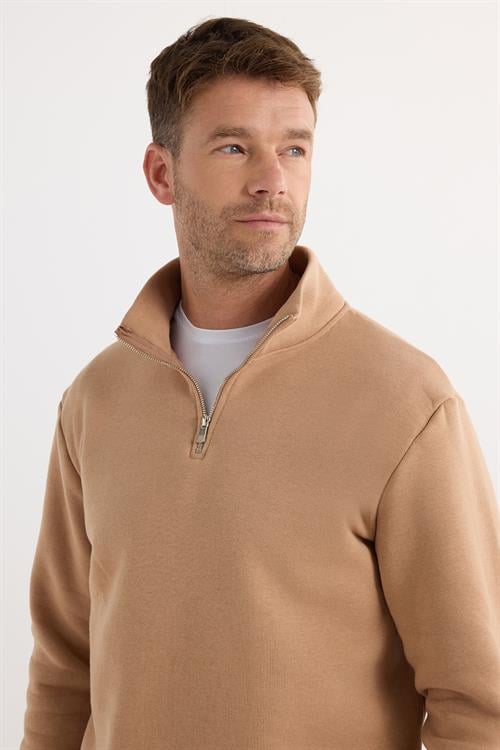 Unisex Relax Fit Rahat Kesim Pamuklu İçi Polarlı Yarım Fermuarlı Taş Renk Dik Yaka Sweatshirt