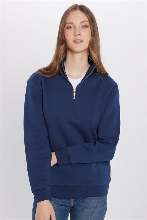 Unisex Relax Fit Rahat Kesim Pamuklu İçi Polarlı Yarım Fermuarlı Lacivert Dik Yaka Sweatshirt