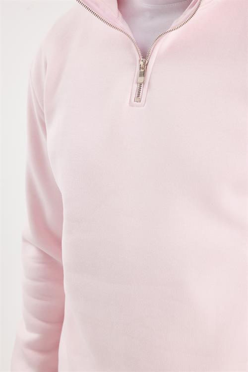 Unisex Relax Fit Rahat Kesim Pamuklu İçi Polarlı Yarım Fermuarlı Pembe Dik Yaka Sweatshirt