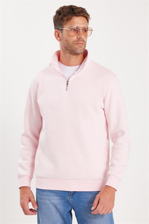 Unisex Relax Fit Rahat Kesim Pamuklu İçi Polarlı Yarım Fermuarlı Pembe Dik Yaka Sweatshirt