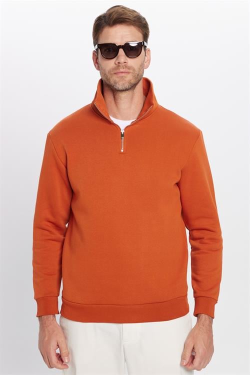 Unisex Relax Fit Rahat Kesim Pamuklu İçi Polarlı Yarım Fermuarlı Kiremit Renk Dik Yaka Sweatshirt