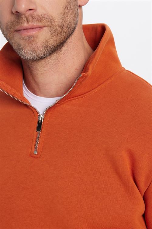 Unisex Relax Fit Rahat Kesim Pamuklu İçi Polarlı Yarım Fermuarlı Kiremit Renk Dik Yaka Sweatshirt