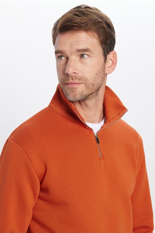 Unisex Relax Fit Rahat Kesim Pamuklu İçi Polarlı Yarım Fermuarlı Kiremit Renk Dik Yaka Sweatshirt
