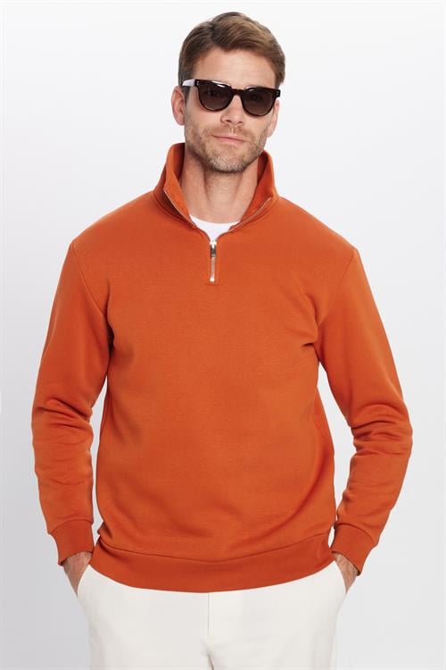 Unisex Relax Fit Rahat Kesim Pamuklu İçi Polarlı Yarım Fermuarlı Kiremit Renk Dik Yaka Sweatshirt