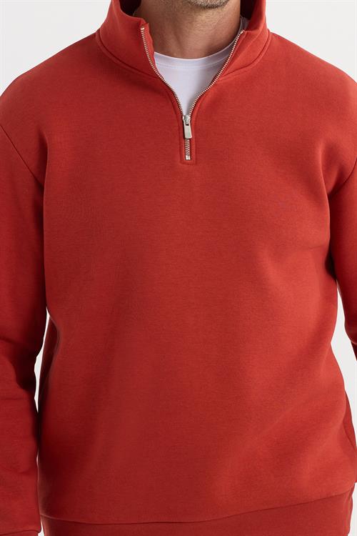 Unisex Relax Fit Rahat Kesim Pamuklu İçi Polarlı Yarım Fermuarlı Kırmızı Dik Yaka Sweatshirt
