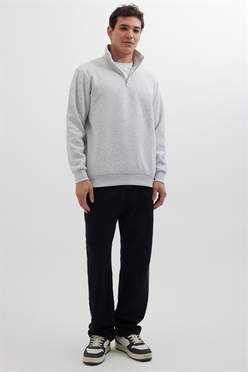 Unisex Relax Fit Rahat Kesim Pamuklu İçi Polarlı Yarım Fermuarlı Gri Dik Yaka Sweatshirt