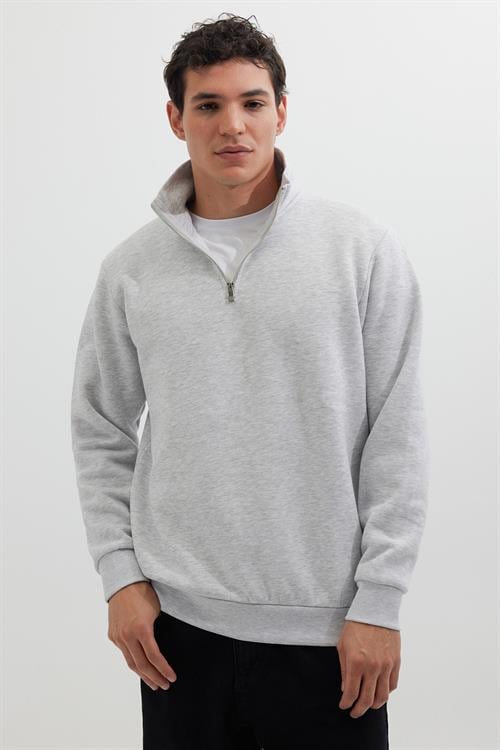 Unisex Relax Fit Rahat Kesim Pamuklu İçi Polarlı Yarım Fermuarlı Gri Dik Yaka Sweatshirt