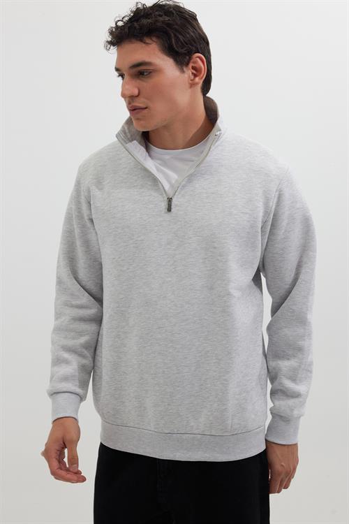 Unisex Relax Fit Rahat Kesim Pamuklu İçi Polarlı Yarım Fermuarlı Gri Dik Yaka Sweatshirt