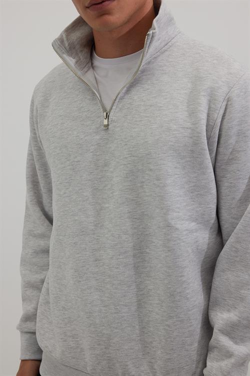 Unisex Relax Fit Rahat Kesim Pamuklu İçi Polarlı Yarım Fermuarlı Gri Dik Yaka Sweatshirt