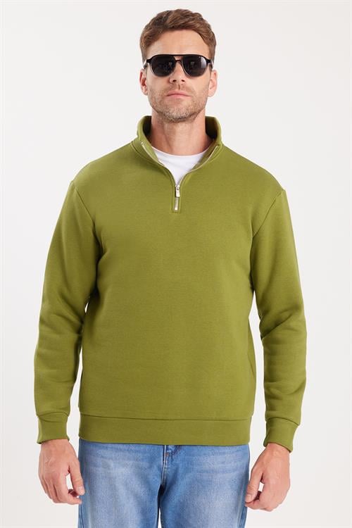 Unisex Relax Fit Rahat Kesim Pamuklu İçi Polarlı Yarım Fermuarlı Haki Dik Yaka Sweatshirt