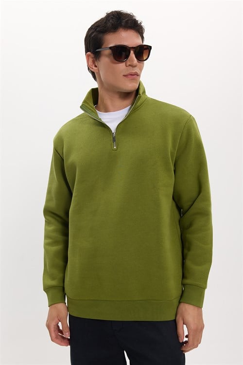 Unisex Relax Fit Rahat Kesim Pamuklu İçi Polarlı Yarım Fermuarlı Haki Dik Yaka Sweatshirt