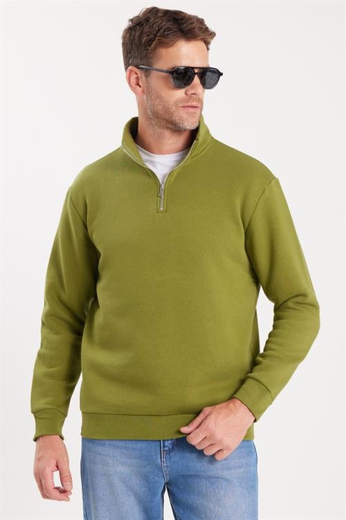 Unisex Relax Fit Rahat Kesim Pamuklu İçi Polarlı Yarım Fermuarlı Haki Dik Yaka Sweatshirt