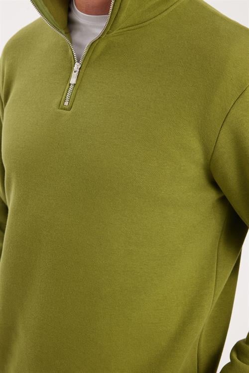 Unisex Relax Fit Rahat Kesim Pamuklu İçi Polarlı Yarım Fermuarlı Haki Dik Yaka Sweatshirt