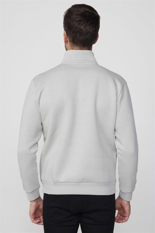 Unisex Relax Fit Rahat Kesim Pamuklu İçi Polarlı Yarım Fermuarlı Taş Renk Dik Yaka Sweatshirt