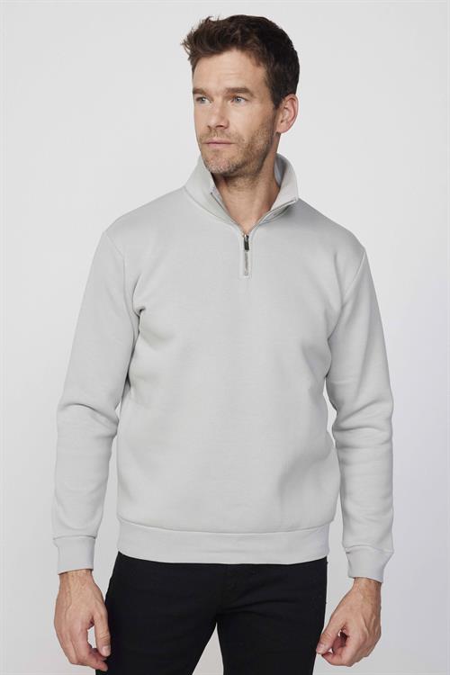 Unisex Relax Fit Rahat Kesim Pamuklu İçi Polarlı Yarım Fermuarlı Taş Renk Dik Yaka Sweatshirt