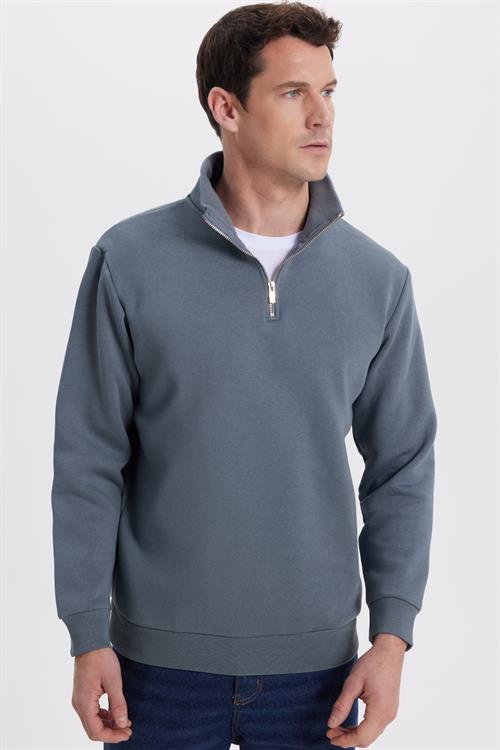Unisex Relax Fit Rahat Kesim Pamuklu İçi Polarlı Yarım Fermuarlı Gri Dik Yaka Sweatshirt