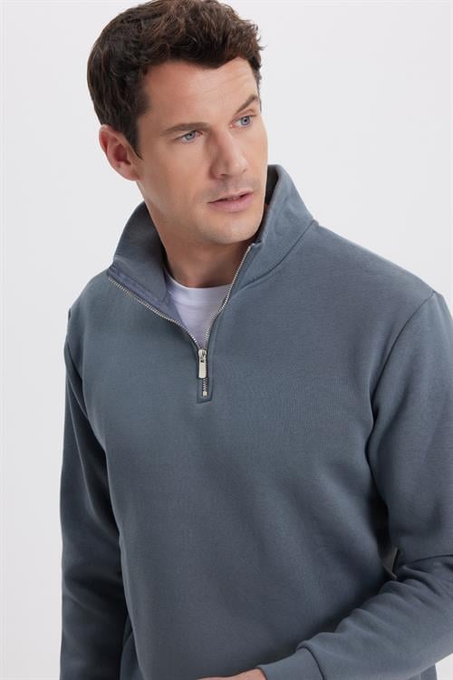 Unisex Relax Fit Rahat Kesim Pamuklu İçi Polarlı Yarım Fermuarlı Gri Dik Yaka Sweatshirt