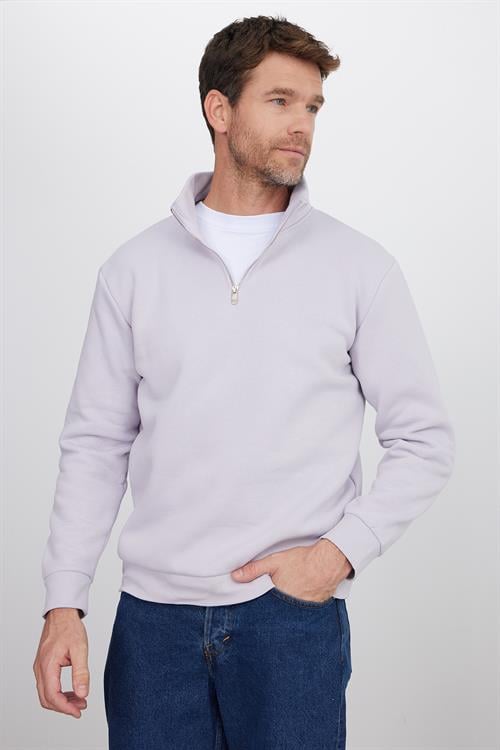 Unisex Relax Fit Rahat Kesim Pamuklu İçi Polarlı Yarım Fermuarlı Lila Dik Yaka Sweatshirt