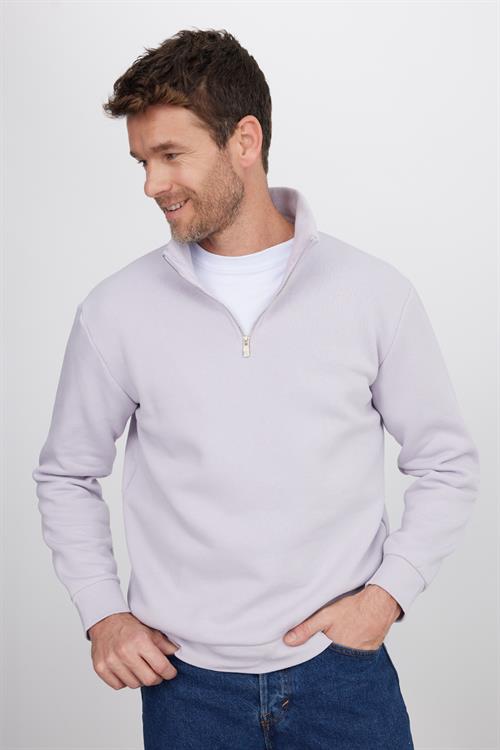 Unisex Relax Fit Rahat Kesim Pamuklu İçi Polarlı Yarım Fermuarlı Lila Dik Yaka Sweatshirt