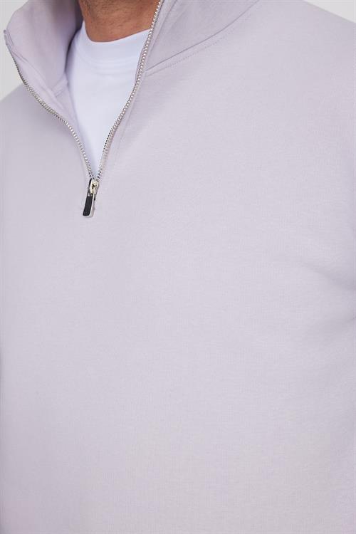 Unisex Relax Fit Rahat Kesim Pamuklu İçi Polarlı Yarım Fermuarlı Lila Dik Yaka Sweatshirt