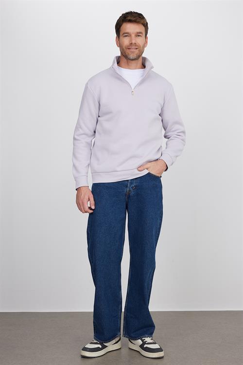 Unisex Relax Fit Rahat Kesim Pamuklu İçi Polarlı Yarım Fermuarlı Lila Dik Yaka Sweatshirt