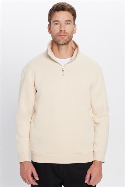 Unisex Relax Fit Rahat Kesim Pamuklu İçi Polarlı Yarım Fermuarlı Ekru Dik Yaka Sweatshirt