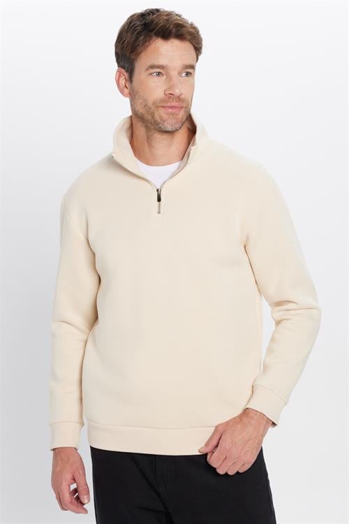 Unisex Relax Fit Rahat Kesim Pamuklu İçi Polarlı Yarım Fermuarlı Ekru Dik Yaka Sweatshirt