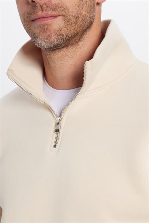 Unisex Relax Fit Rahat Kesim Pamuklu İçi Polarlı Yarım Fermuarlı Ekru Dik Yaka Sweatshirt