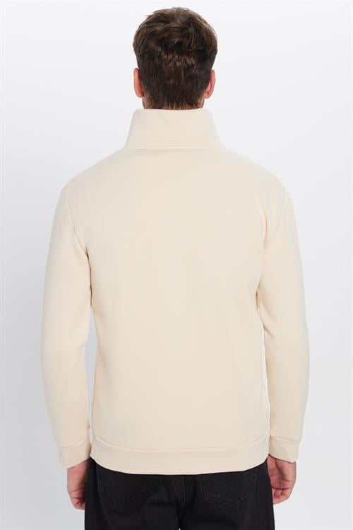 Unisex Relax Fit Rahat Kesim Pamuklu İçi Polarlı Yarım Fermuarlı Ekru Dik Yaka Sweatshirt