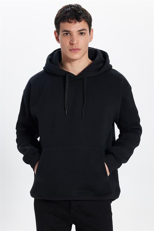 Unisex Oversize Geniş Kesim Pamuklu Yumuşak Dokulu İçi Polarlı Basic Siyah Kapüşonlu Sweatshirt