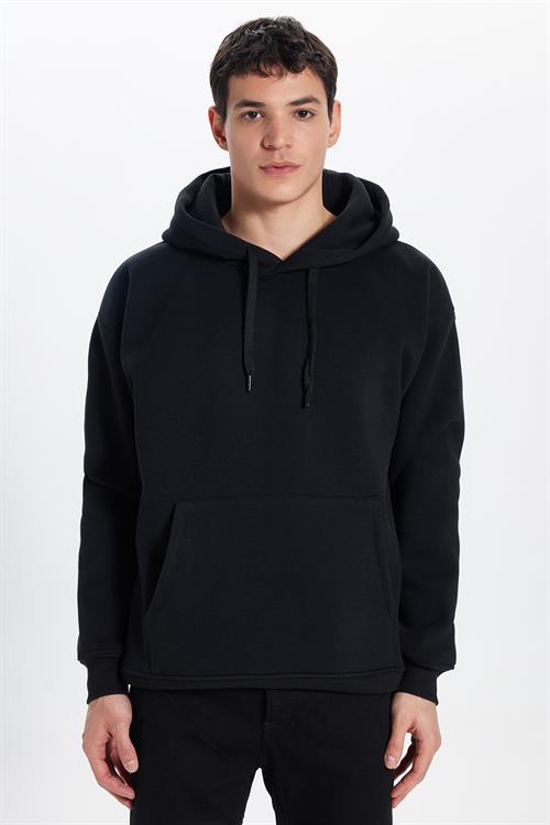 Unisex Oversize Geniş Kesim Pamuklu Yumuşak Dokulu İçi Polarlı Basic Siyah Kapüşonlu Sweatshirt