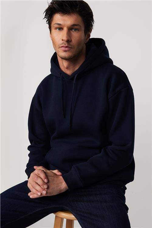 Unisex Oversize Geniş Kesim Pamuklu Yumuşak Dokulu İçi Polarlı Basic Lacivert Kapüşonlu Sweatshirt