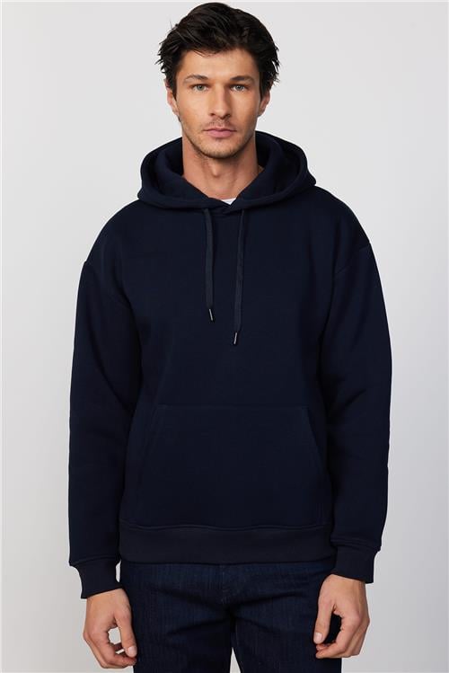 Unisex Oversize Geniş Kesim Pamuklu Yumuşak Dokulu İçi Polarlı Basic Lacivert Kapüşonlu Sweatshirt