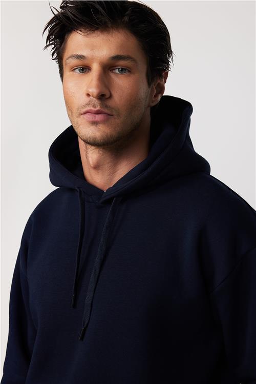 Unisex Oversize Geniş Kesim Pamuklu Yumuşak Dokulu İçi Polarlı Basic Lacivert Kapüşonlu Sweatshirt