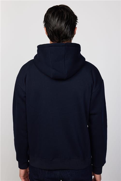 Unisex Oversize Geniş Kesim Pamuklu Yumuşak Dokulu İçi Polarlı Basic Lacivert Kapüşonlu Sweatshirt