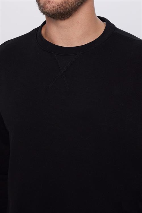 Unisex Oversize Geniş Kesim Pamuklu Basic Siyah Bisiklet Yaka Sweatshirt