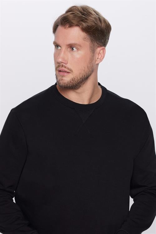 Unisex Oversize Geniş Kesim Pamuklu Basic Siyah Bisiklet Yaka Sweatshirt