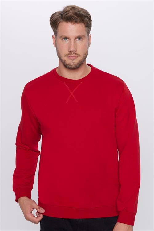 Unisex Oversize Geniş Kesim Pamuklu Basic Kırmızı Bisiklet Yaka Sweatshirt