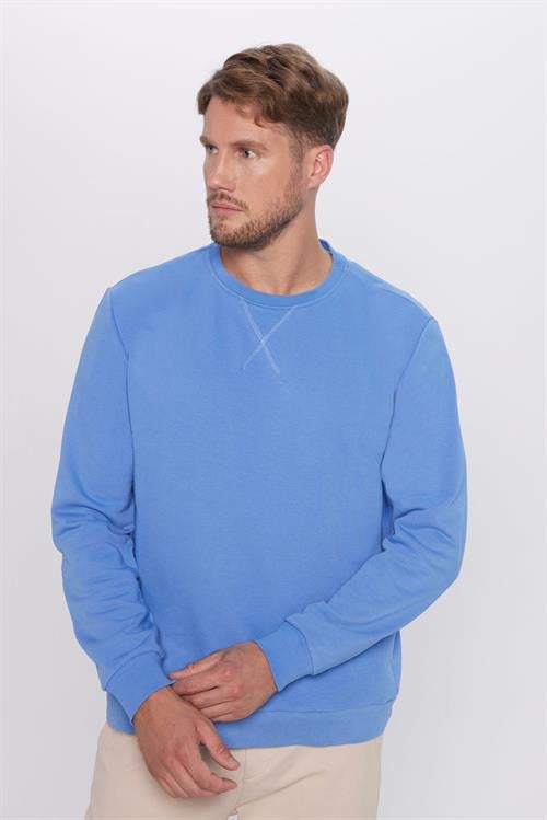Unisex Oversize Geniş Kesim Pamuklu Basic İndigo Renk Bisiklet Yaka Sweatshirt