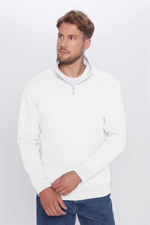 Unisex Relax Fit Rahat Kesim %100 Pamuk Yarım Fermuarlı Beyaz Dik Yaka Sweatshirt