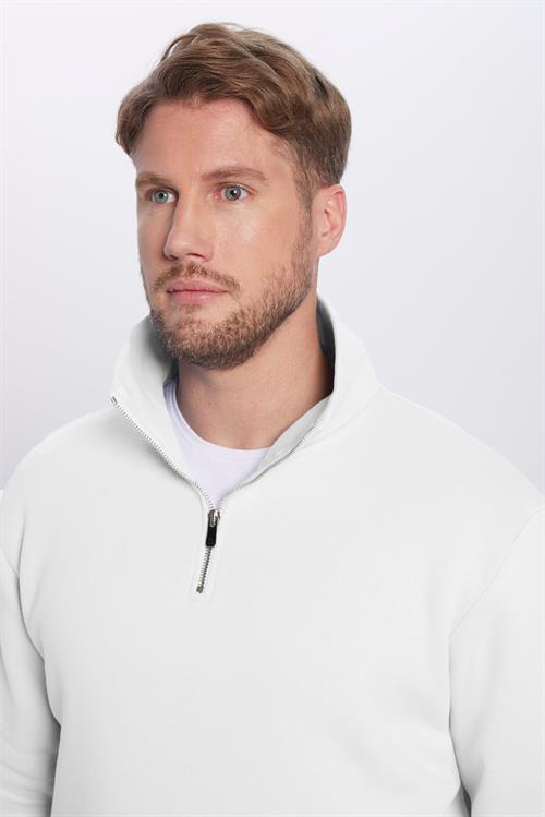 Unisex Relax Fit Rahat Kesim %100 Pamuk Yarım Fermuarlı Beyaz Dik Yaka Sweatshirt