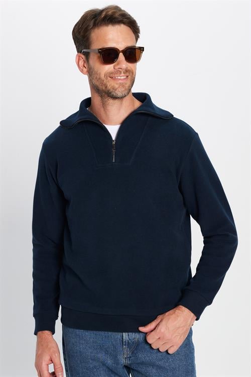 Unisex Relax Fit Rahat Kesim Fitilli Desenli Pamuklu Yarım Fermuarlı İndigo Dik Yaka Sweatshirt
