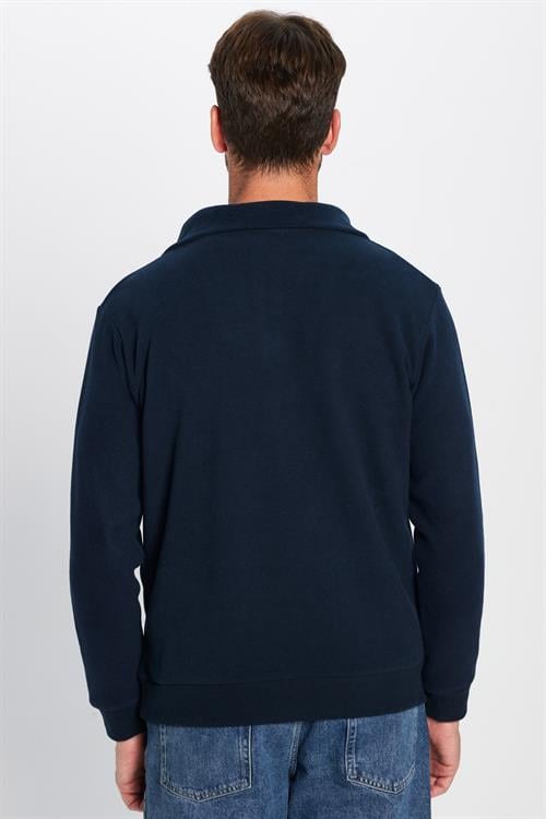 Unisex Relax Fit Rahat Kesim Fitilli Desenli Pamuklu Yarım Fermuarlı İndigo Dik Yaka Sweatshirt