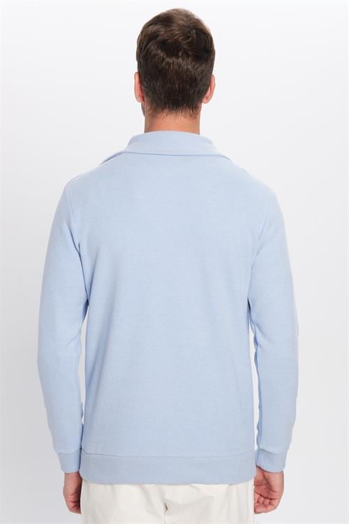 Unisex Relax Fit Rahat Kesim Fitilli Desenli Pamuklu Yarım Fermuarlı Mavi Dik Yaka Sweatshirt