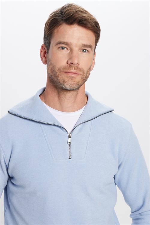Unisex Relax Fit Rahat Kesim Fitilli Desenli Pamuklu Yarım Fermuarlı Mavi Dik Yaka Sweatshirt