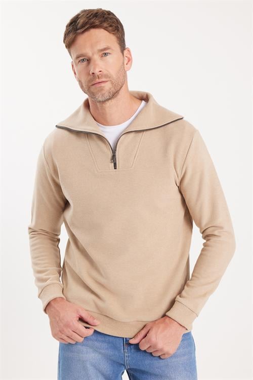 Unisex Relax Fit Rahat Kesim Fitilli Desenli Pamuklu Yarım Fermuarlı Bej Dik Yaka Sweatshirt
