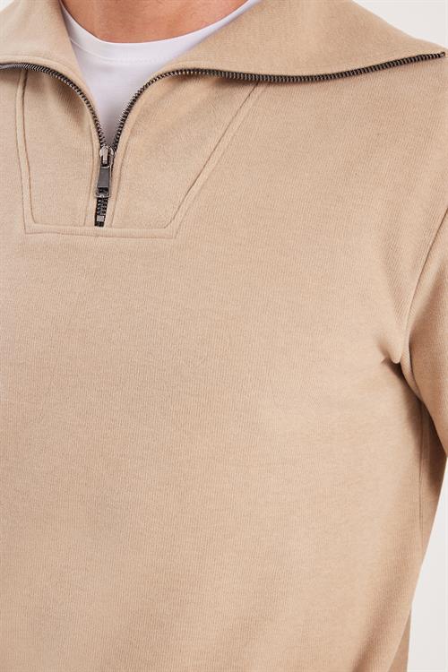 Unisex Relax Fit Rahat Kesim Fitilli Desenli Pamuklu Yarım Fermuarlı Bej Dik Yaka Sweatshirt