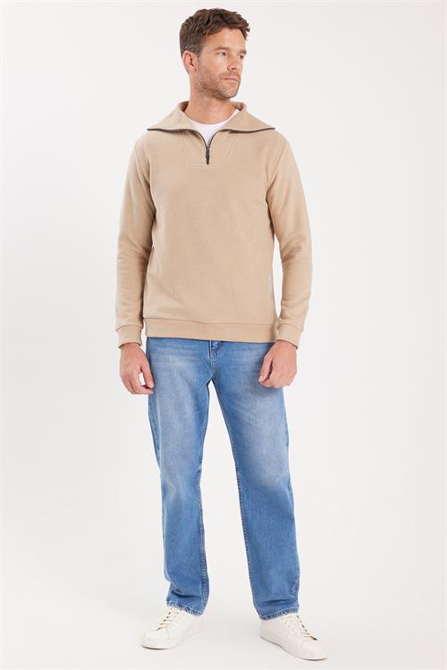 Unisex Relax Fit Rahat Kesim Fitilli Desenli Pamuklu Yarım Fermuarlı Bej Dik Yaka Sweatshirt